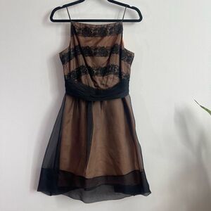 Laundry By Shelli Segal - Tan & Black Silk Spaghetti Strap Dress Sz 6